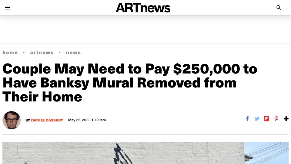 Screenshot of artnews.com: Couple May Need to Pay $250k to Have Banksy Mural Removed from Their Home
