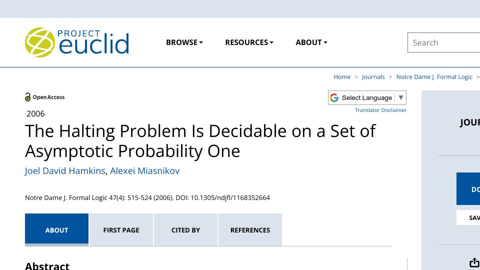 Screenshot of projecteuclid.org: The halting problem is decidable on a set of asymptotic probability one (2006)