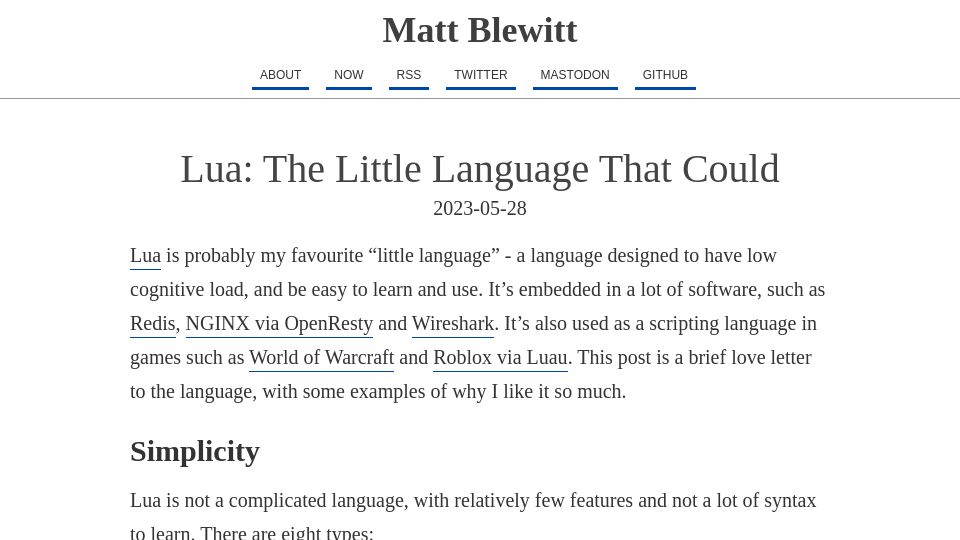 Screenshot of matt.blwt.io: Lua: The Little Language That Could