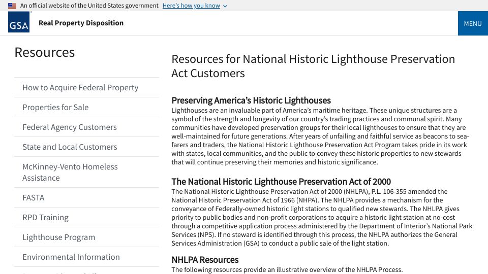 Screenshot of disposal.gsa.gov: Real Property Disposition: Historic lighthouses