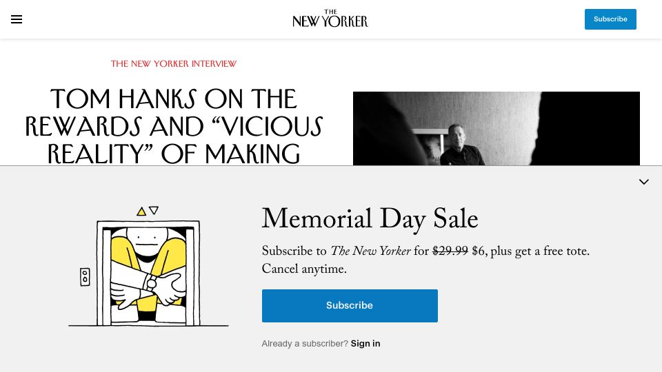 Screenshot of newyorker.com: Tom Hanks on the rewards and reality of making movies
