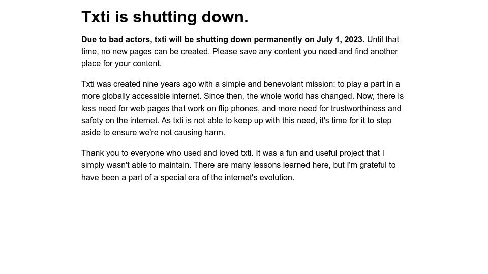 Screenshot of txti.es: Txti is shutting down