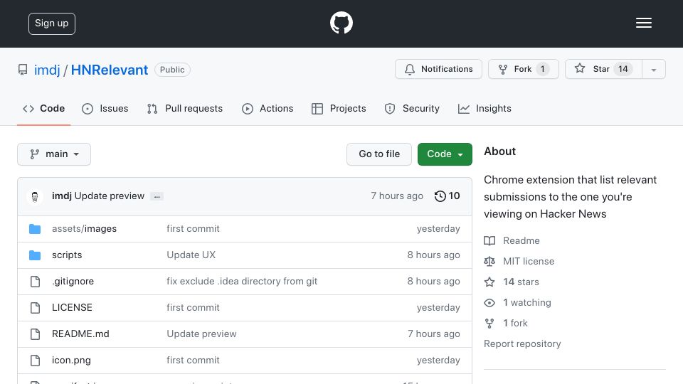 Screenshot of github.com: Show HN: HNRelevant – Show related HN submissions in an integrated sidebar