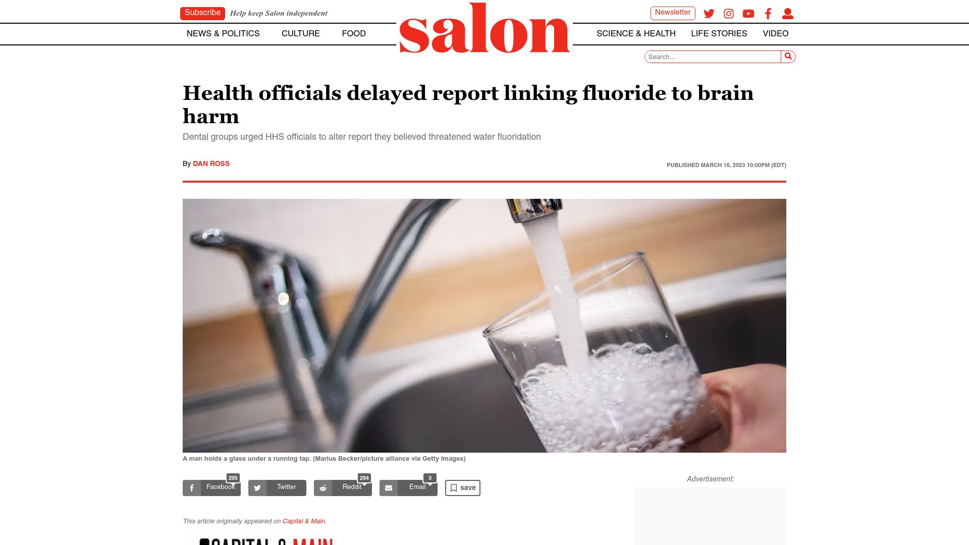 Screenshot of salon.com: Health officials delayed report linking fluoride to brain harm