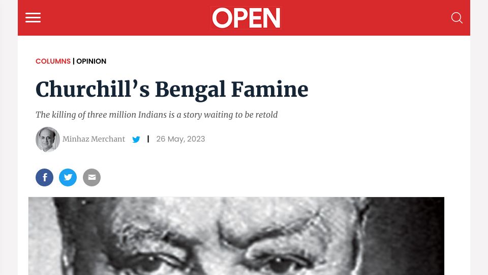 Screenshot of openthemagazine.com: Churchill’s Famine: The killing of three million is a story waiting to be retold