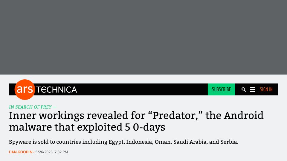 Screenshot of arstechnica.com: Inner workings revealed for “Predator,” Android malware that exploited 5 0-days