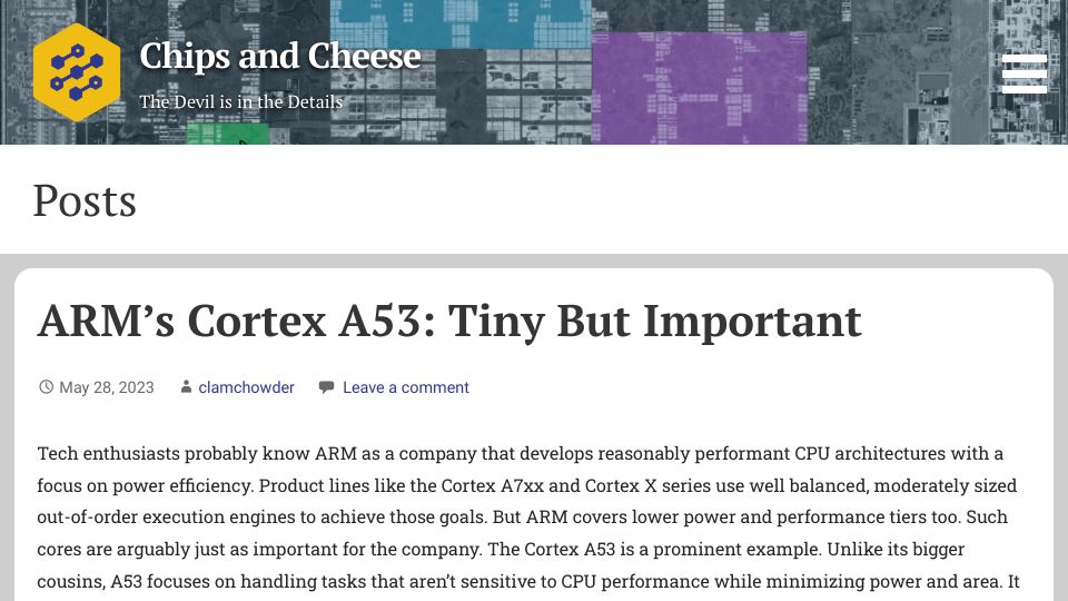 Screenshot of chipsandcheese.com: ARM’s Cortex A53: Tiny but Important