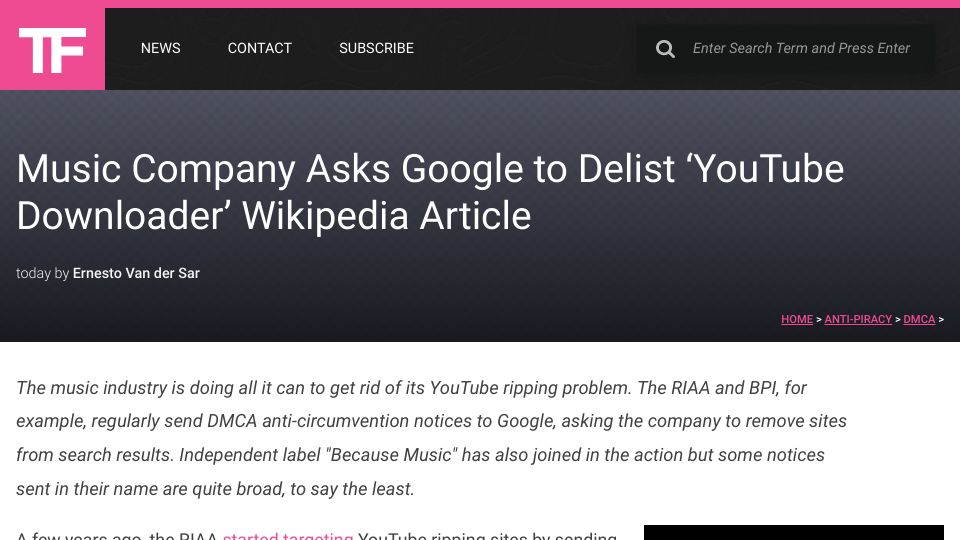 Screenshot of torrentfreak.com: Music Company Asks Google to Delist 'YouTube Downloader' Wikipedia Article