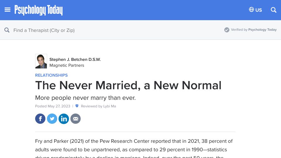 Screenshot of psychologytoday.com: The Never Married, a New Normal