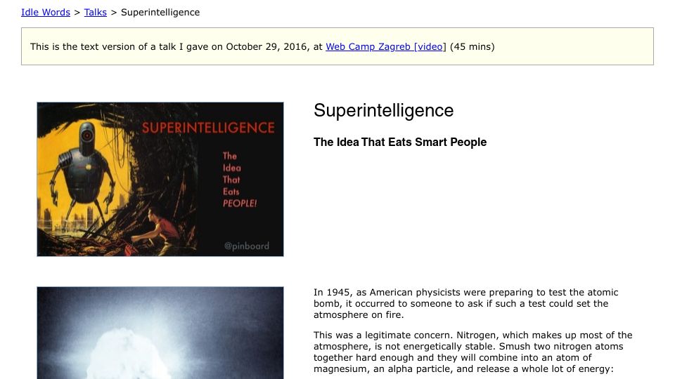 Screenshot of idlewords.com: Superintelligence: An idea that eats smart people (2016)