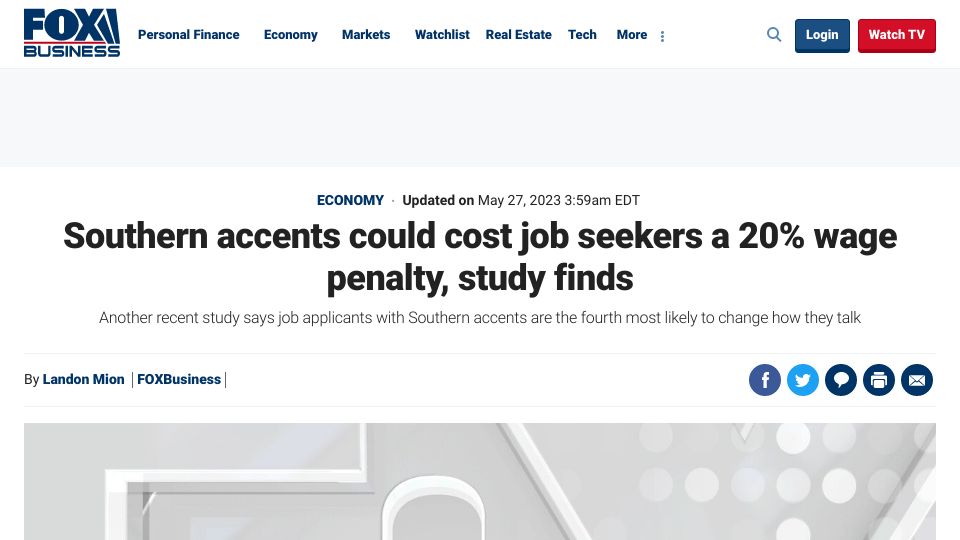 Screenshot of foxbusiness.com: Southern accents could cost job seekers a 20% wage penalty, study finds