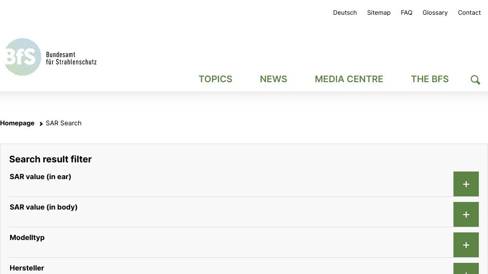 Screenshot of bfs.de: SAR Values of Commercially Available Mobile Phones
