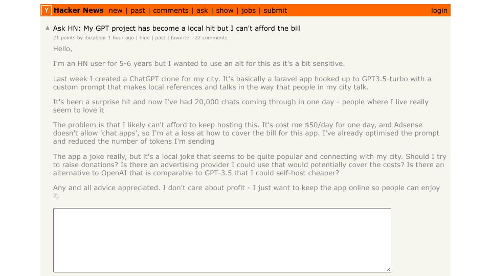 Screenshot of Hacker News post: Ask HN: My GPT project has become a local hit but I can't afford the bill