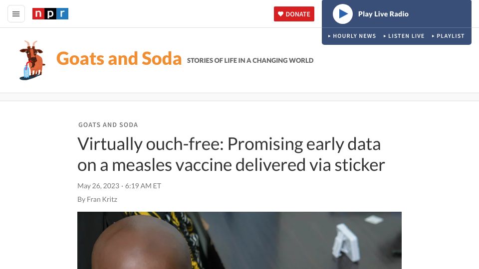 Screenshot of npr.org: A measles vaccine painlessly delivered via sticker shows promising early results