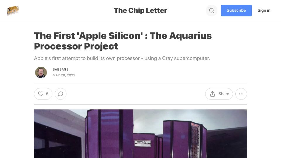 Screenshot of thechipletter.substack.com: The First 'Apple Silicon' – The Aquarius Processor Project