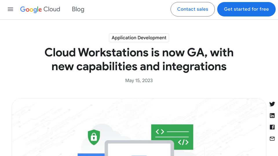 Screenshot of cloud.google.com: Google Cloud Workstations managed development environment is now GA