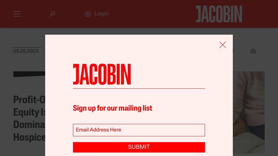 Screenshot of jacobin.com: Private Equity Is Now Dominating the US Hospice System