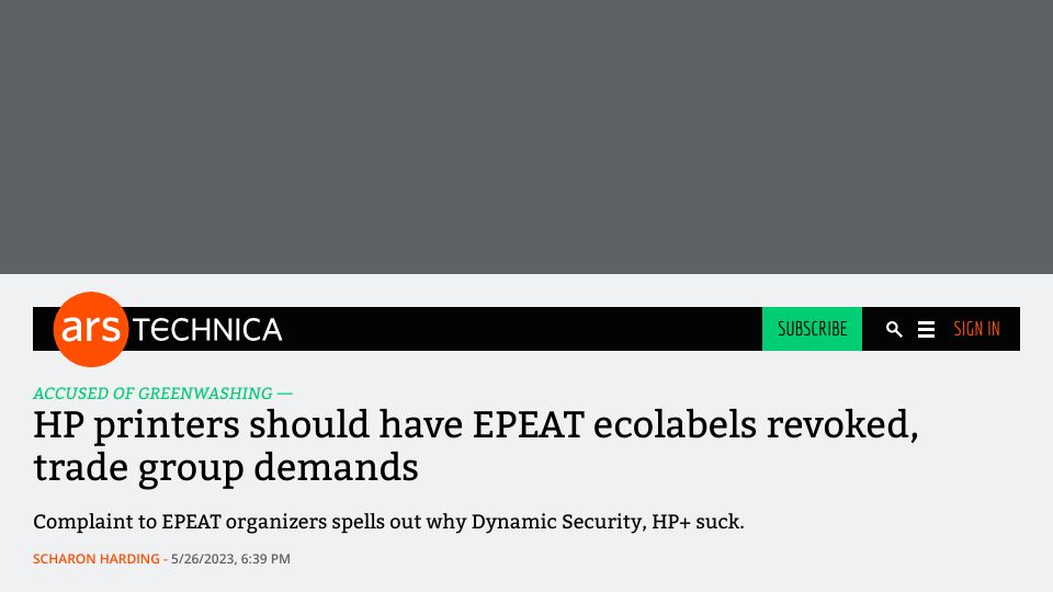 Screenshot of arstechnica.com: HP printers should have EPEAT ecolabels revoked, trade group demands