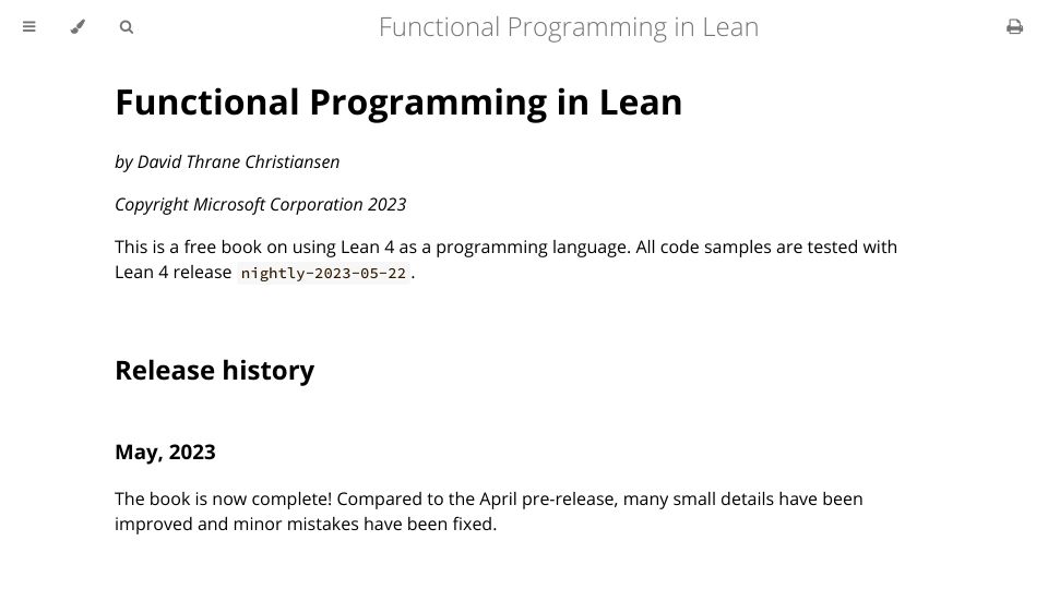 Screenshot of leanprover.github.io: Functional Programming in Lean