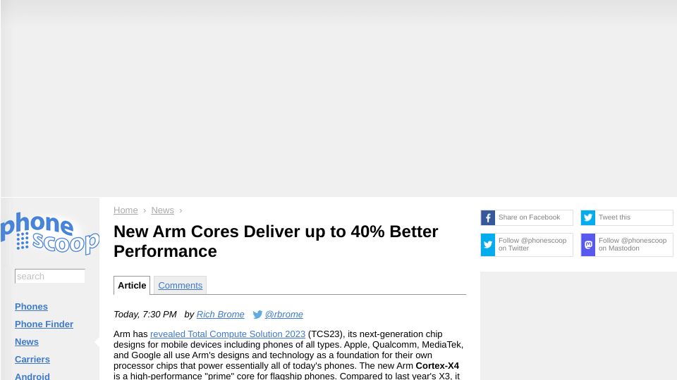 Screenshot of phonescoop.com: New Arm cores deliver up to 40% better performance