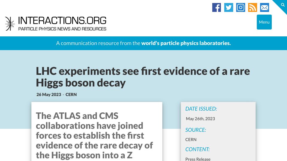 Screenshot of interactions.org: LHC experiments see first evidence of a rare Higgs boson decay