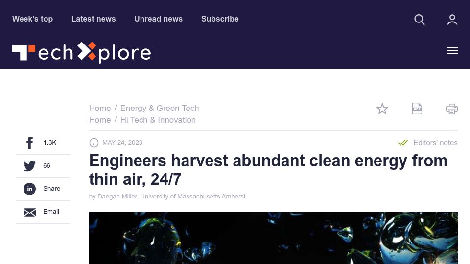 Screenshot of techxplore.com: Research on harvesting electricity from humidity in the air