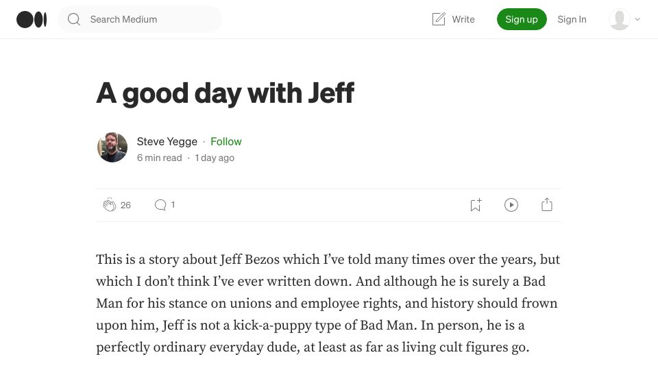 Screenshot of steve-yegge.medium.com: A good day with Jeff Bezos