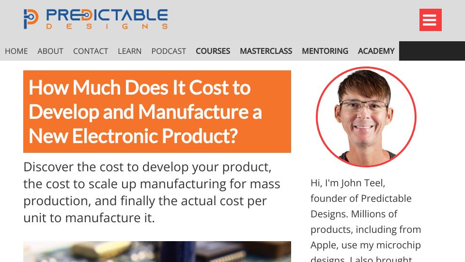 Screenshot of predictabledesigns.com: How much does it cost to develop and manufacture an electronic product? (2022)