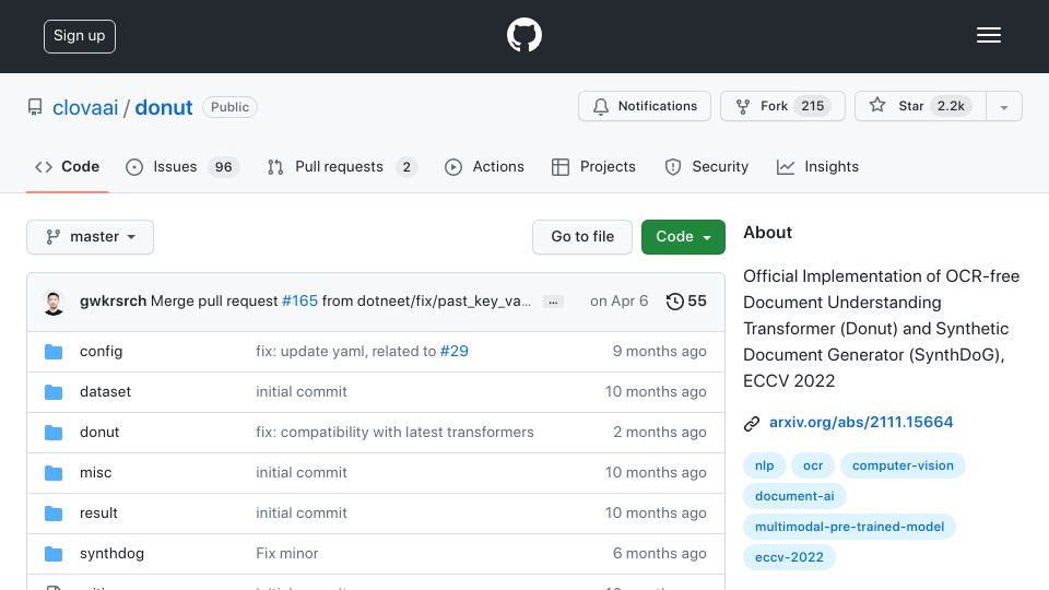Screenshot of github.com: Donut: OCR-Free Document Understanding Transformer