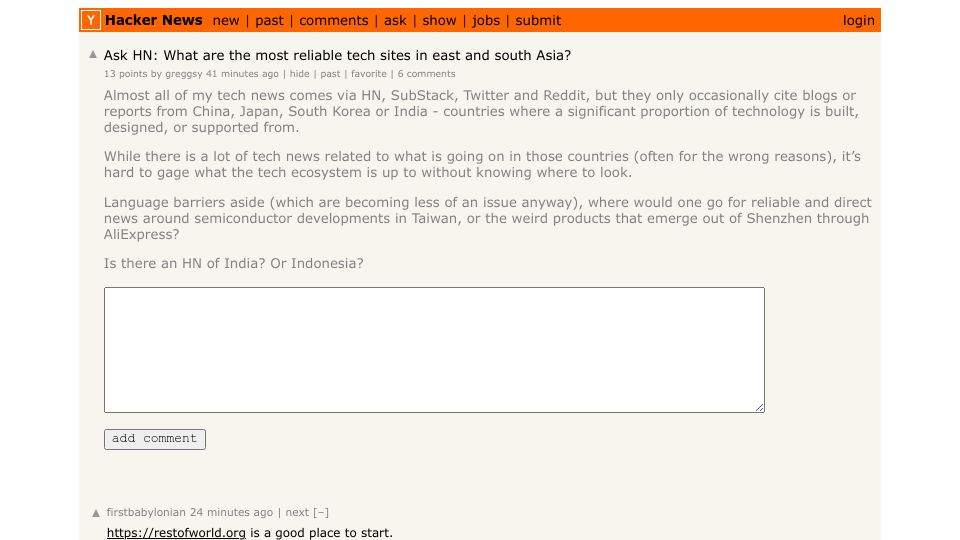 Screenshot of Hacker News post: Ask HN: What are the most reliable tech sites in east and south Asia?