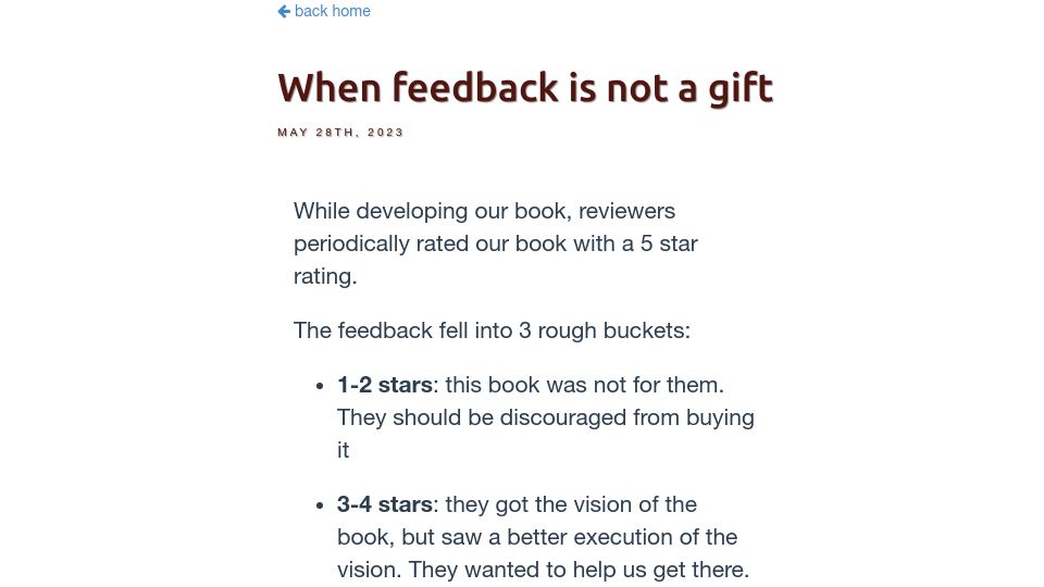Screenshot of softwaredoug.com: When feedback is not a gift