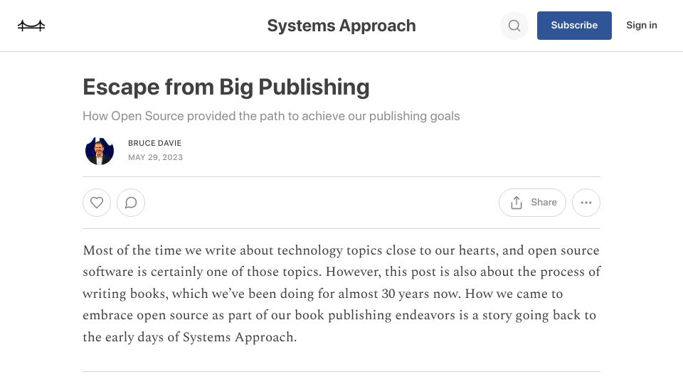 Screenshot of systemsapproach.substack.com: Open Source provided the path to achieve our publishing goals