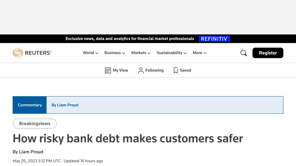 Screenshot of reuters.com: Requiring banks to issue long-term debt could make customers safer