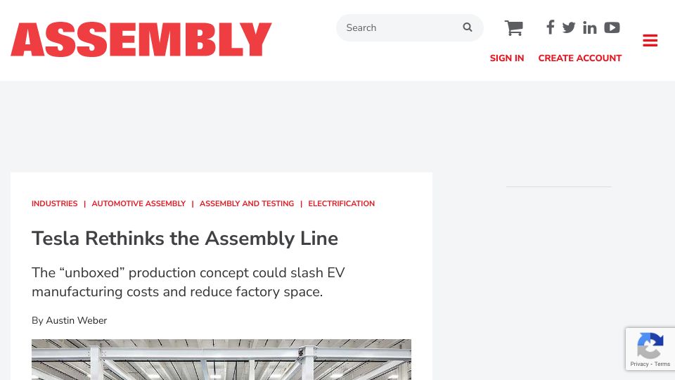 Screenshot of assemblymag.com: Tesla rethinks the assembly line