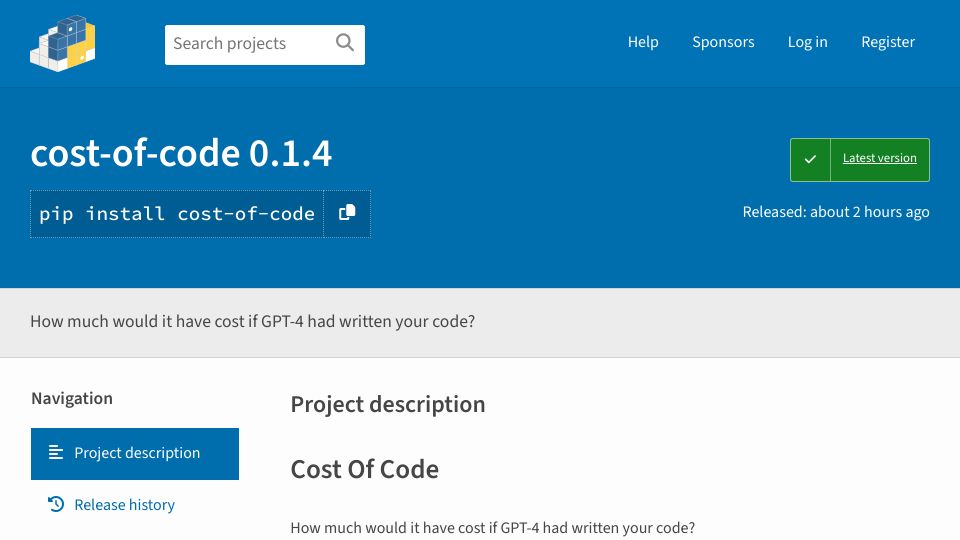 Screenshot of pypi.org: How much would it have cost if GPT-4 had written your code