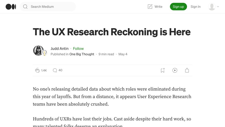 Screenshot of medium.com: The UX Research Reckoning is Here