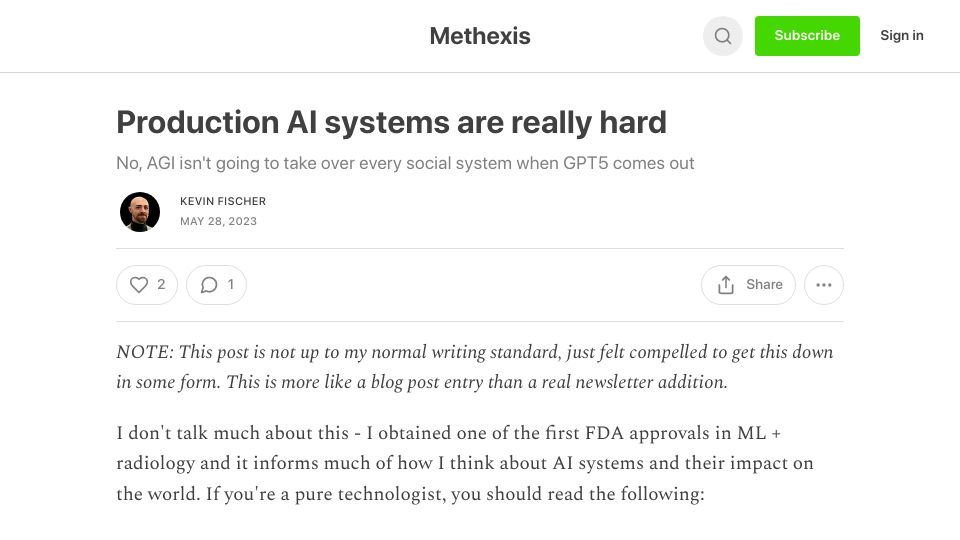 Screenshot of methexis.substack.com: Production AI systems are hard