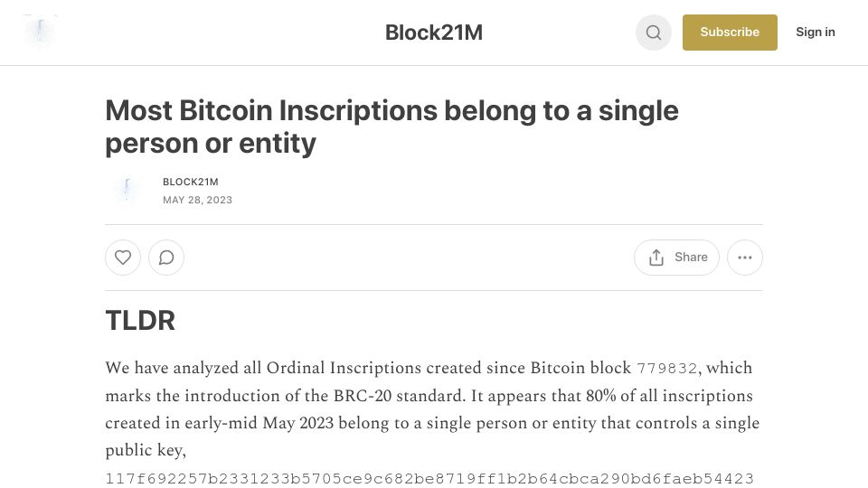 Screenshot of block21m.substack.com: Most Bitcoin Inscriptions belong to a single person