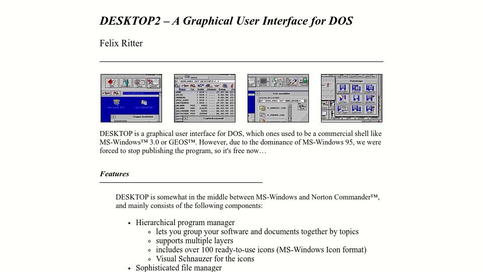 Screenshot of mevis-research.de: DESKTOP2 – A Graphical User Interface for DOS