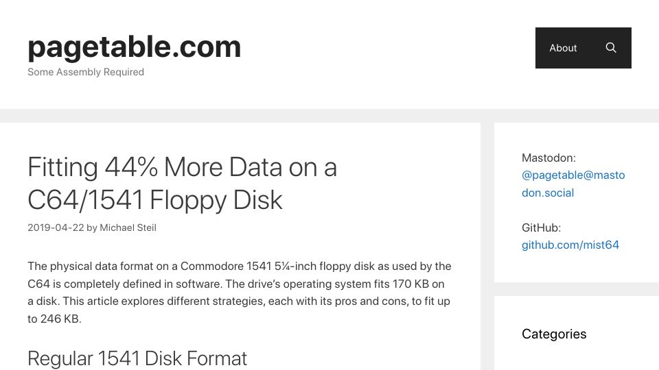 Screenshot of pagetable.com: Fitting 44% More Data on a C64/1541 Floppy Disk