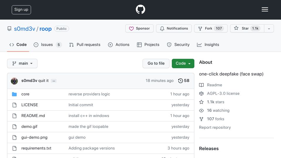 Screenshot of github.com: One Click Deepfake