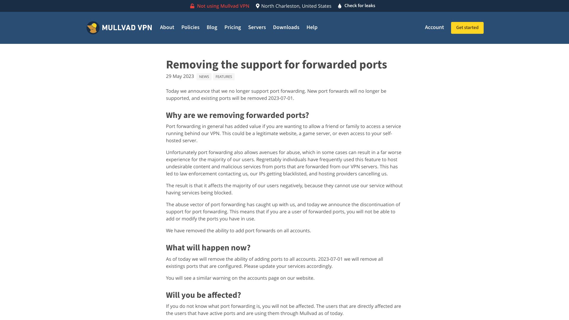 Screenshot of mullvad.net: Removing support for forwarded ports