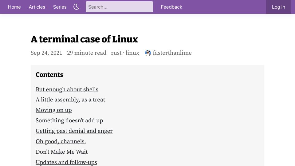 Screenshot of fasterthanli.me: A terminal case of Linux