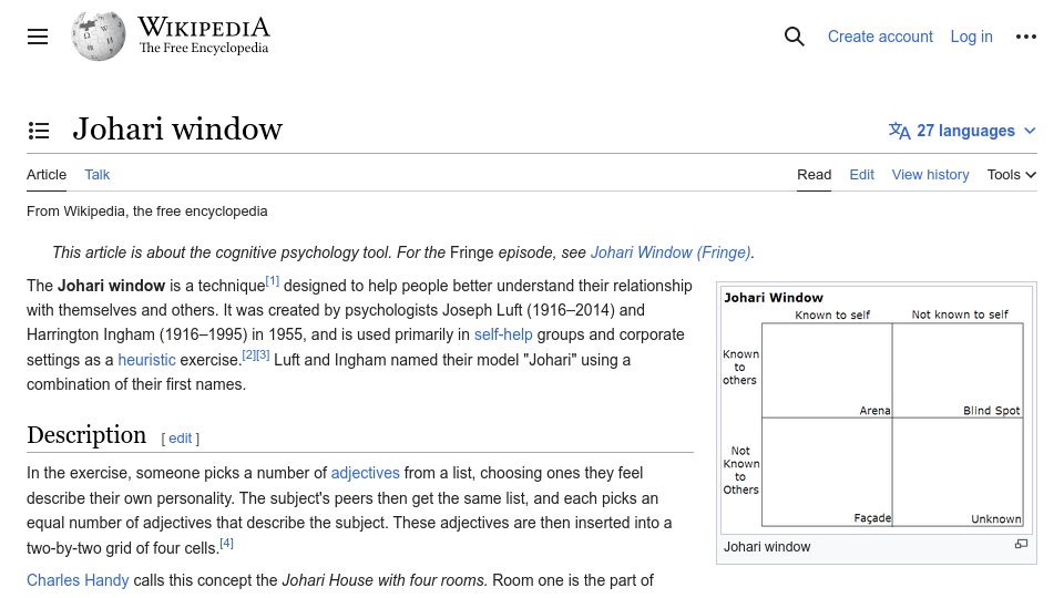 Screenshot of en.wikipedia.org: The Johari Window