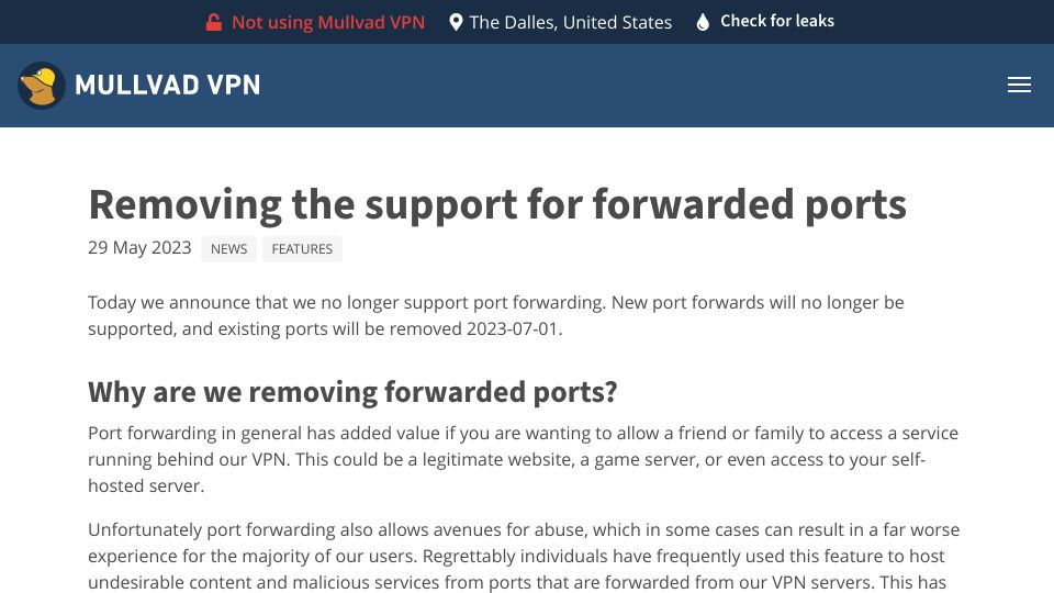 Screenshot of mullvad.net: Removing support for forwarded ports