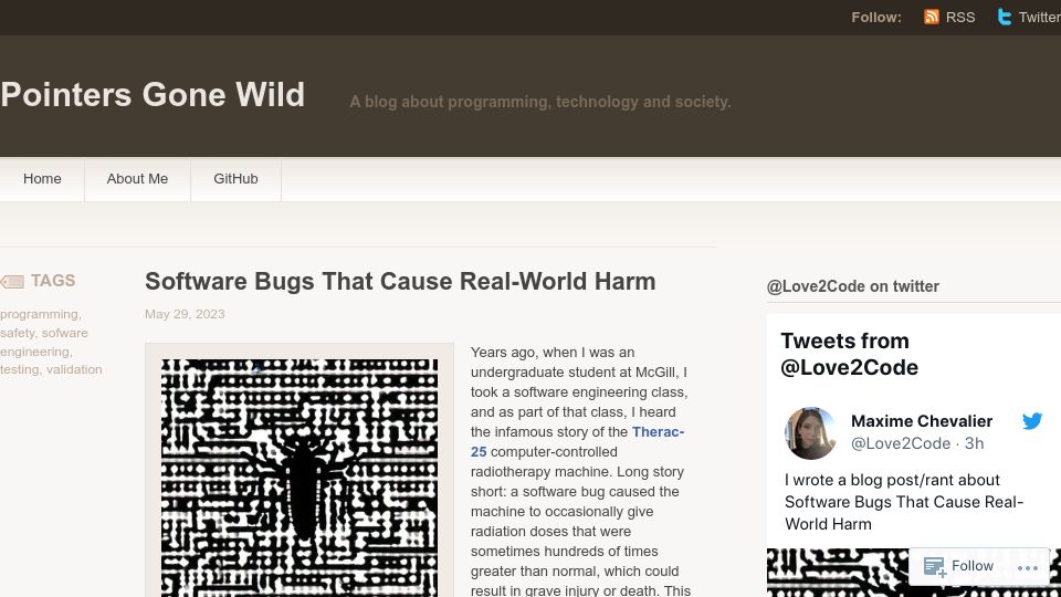 Screenshot of pointersgonewild.com: Software bugs that cause real-world harm