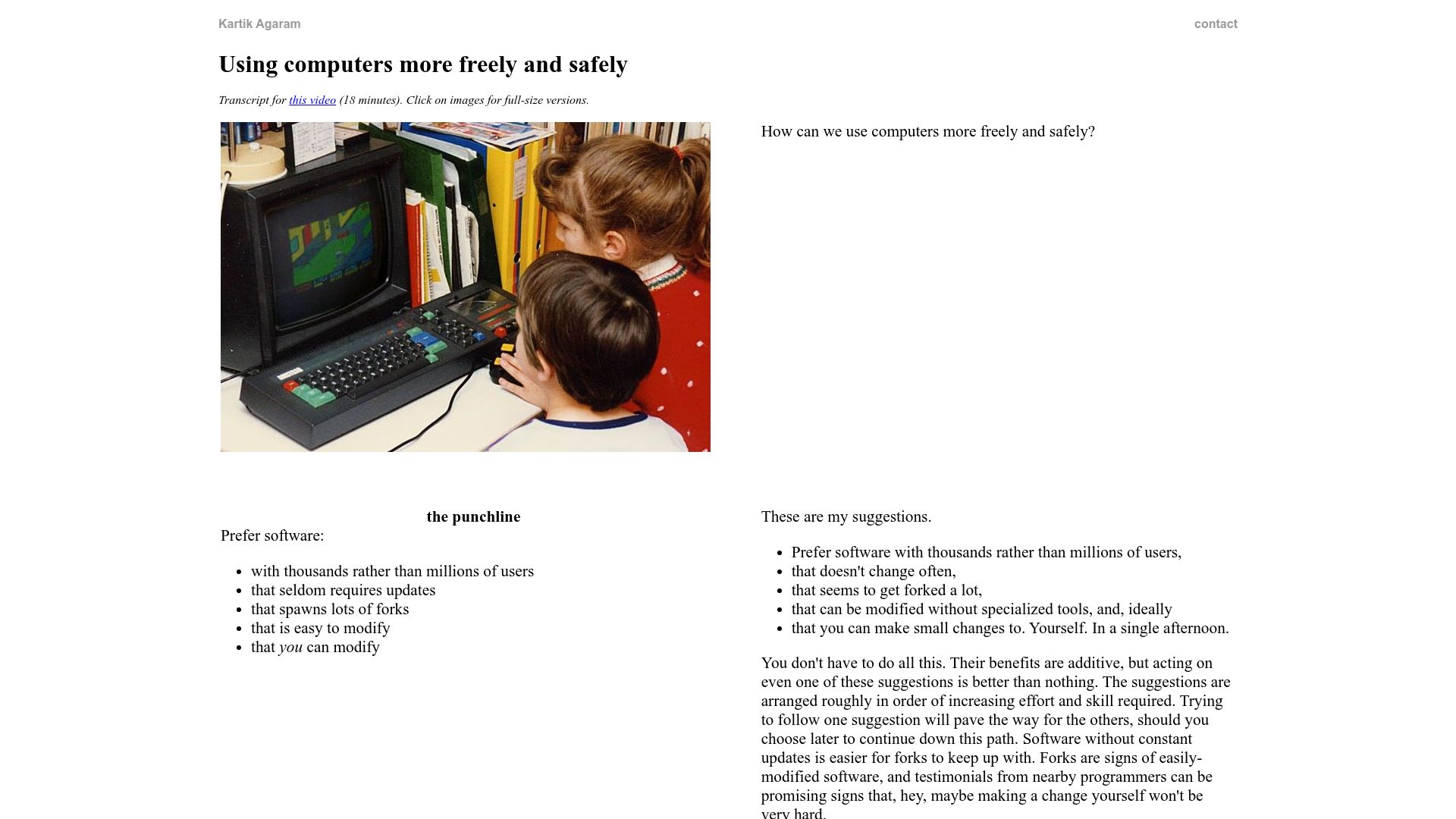 Screenshot of akkartik.name: Using computers more freely and safely