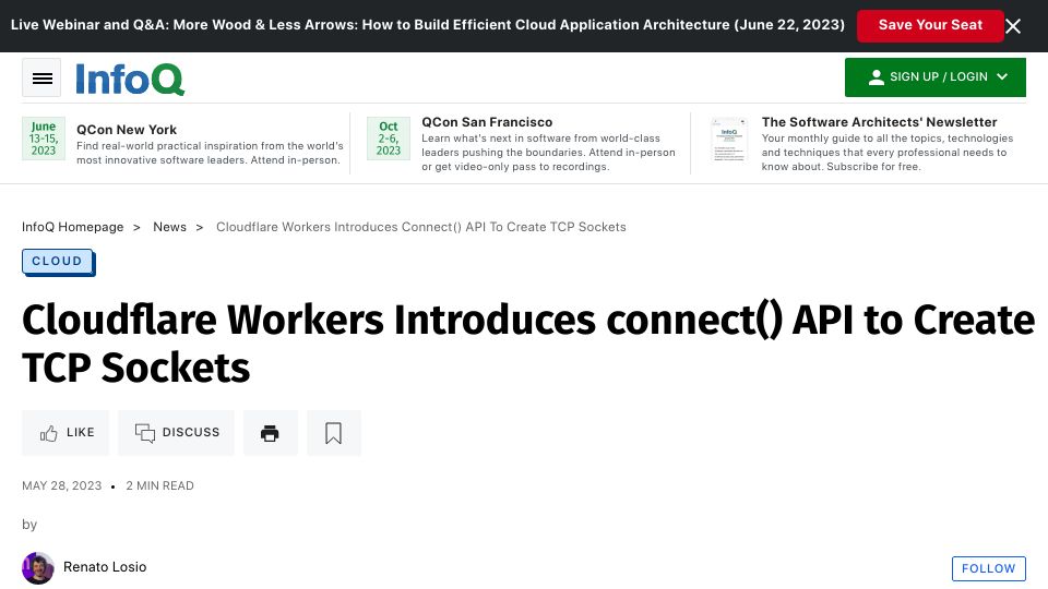 Screenshot of blog.cloudflare.com: Connect() – a new API for creating TCP sockets from Cloudflare Workers