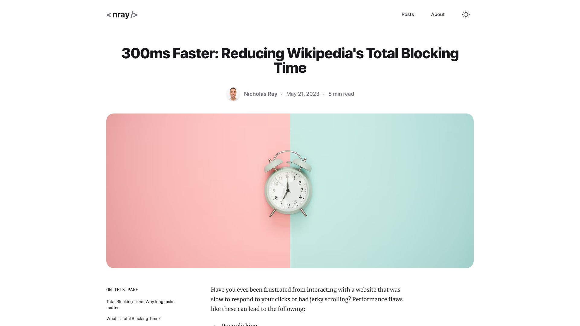 Screenshot of nray.dev: 300ms Faster: Reducing Wikipedia's total blocking time