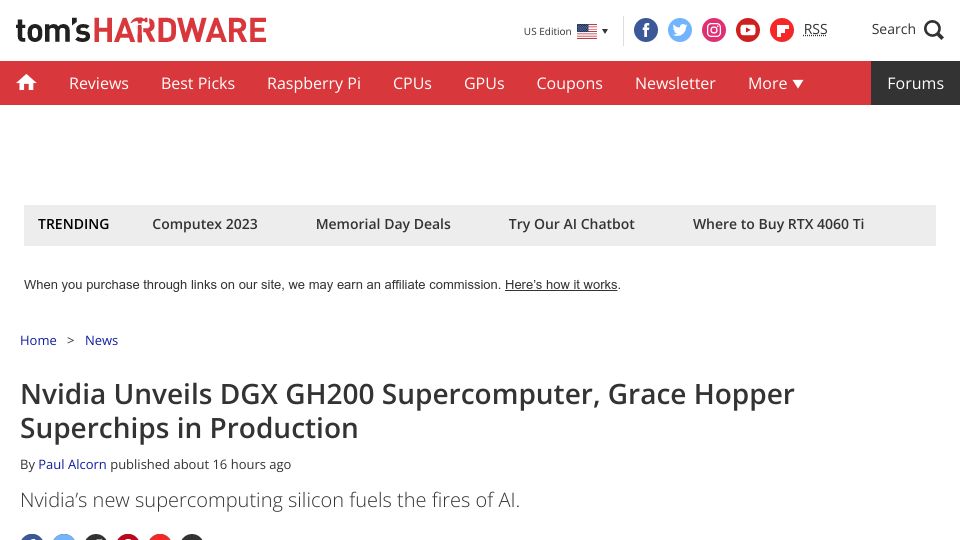 Screenshot of tomshardware.com: Nvidia's next DGX supercomputer is all about generative AI